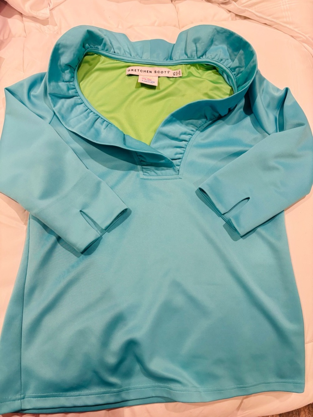 Gretchen Scott Designs Aqua with Lime Trim Ruffle V-Neck Top